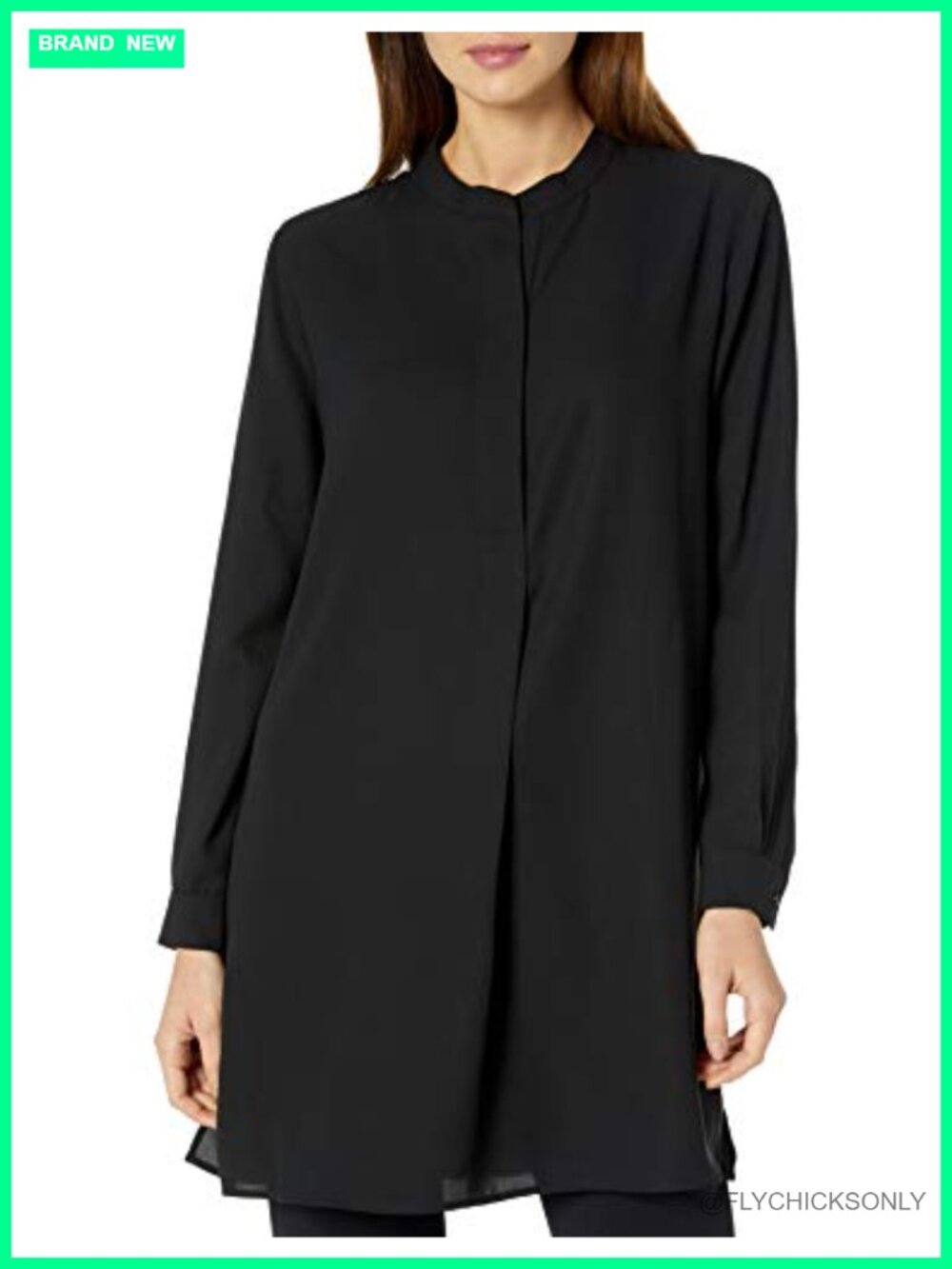 Anne Klein Pop-Over Blouse Covered Placket Side Slits Long Sleeve Tunic